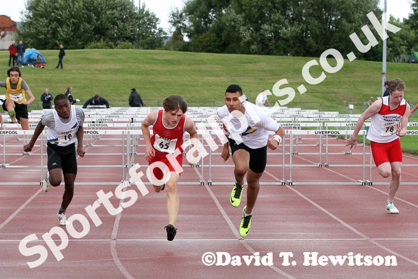 Cameron Meakin (Warrington AC) and William Aldred (Trafford AC) dead heat in the under-15s 80 metres hurdles at the Northern Under-17s and 15s Championships, Liverpool.